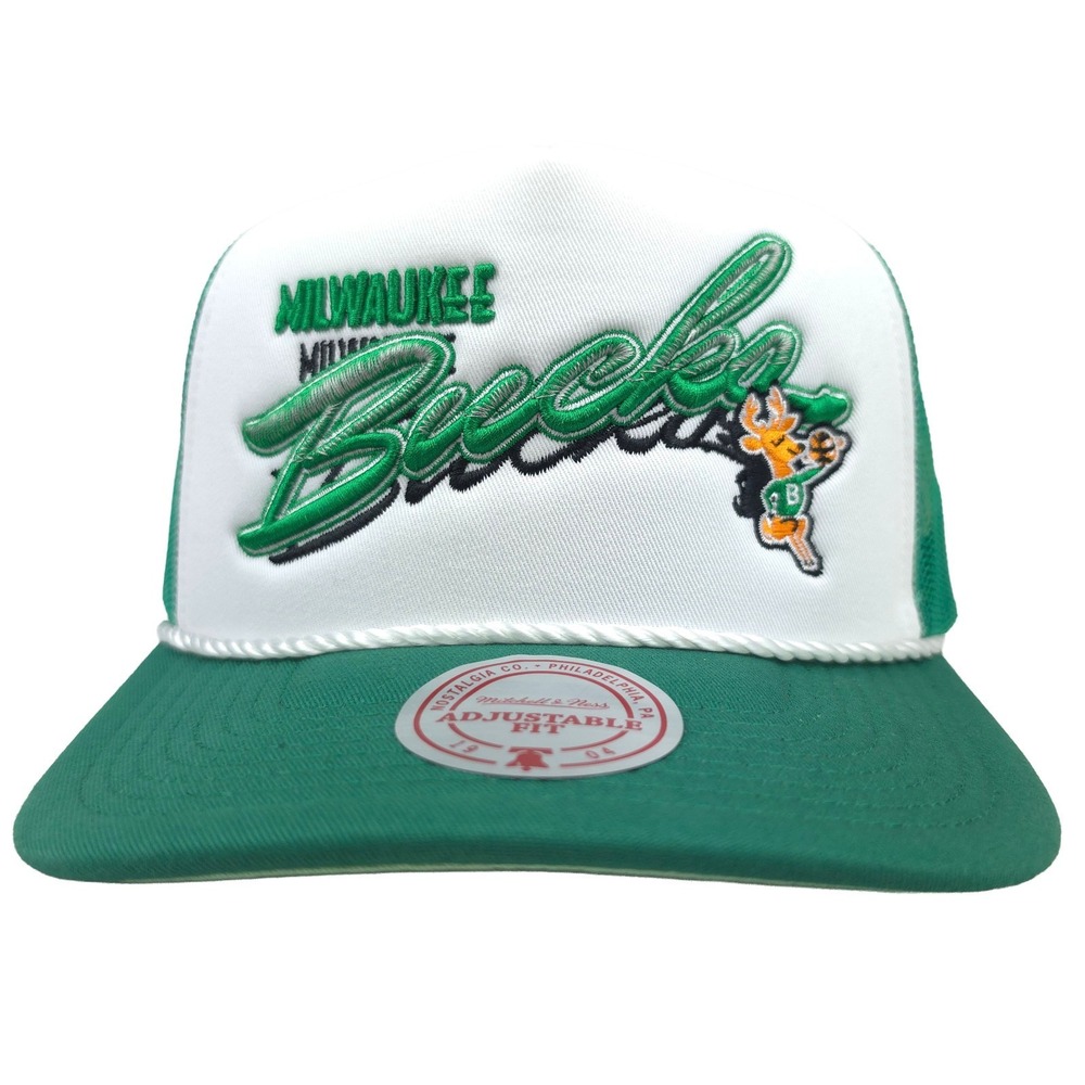 Milwaukee Bucks Mitchell & Ness NBA Trucker Hat Cap 3D Script Logo Green NWT